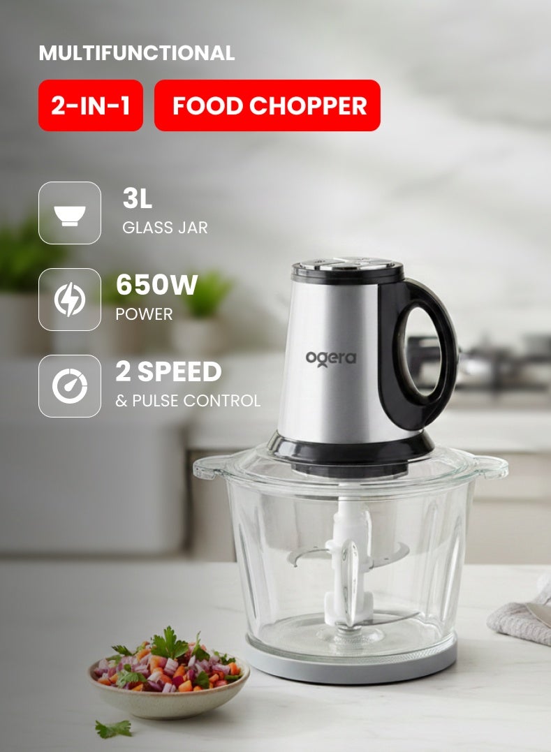Ogera OG4001FC Electric Food Chopper 2 in 1 with Glass Bowl 3L 650W 2 year warranty - Image 1